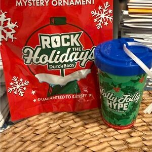 Dutch Bros Rock the Holidays Ornament and Cup - Red and Blue
